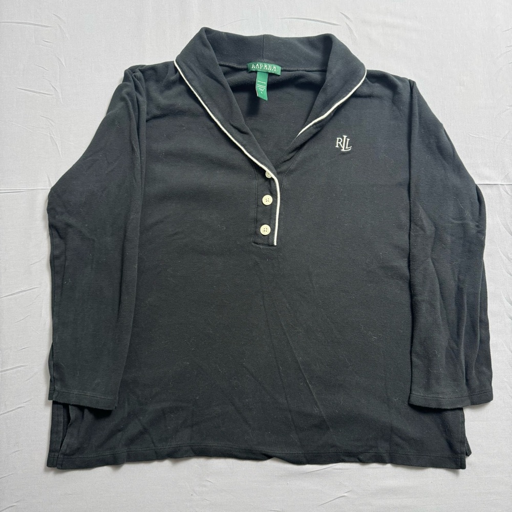 RALPH LAUREN Polo Pajama Women's 1/3 Button Front Long Sleeve Size L Black